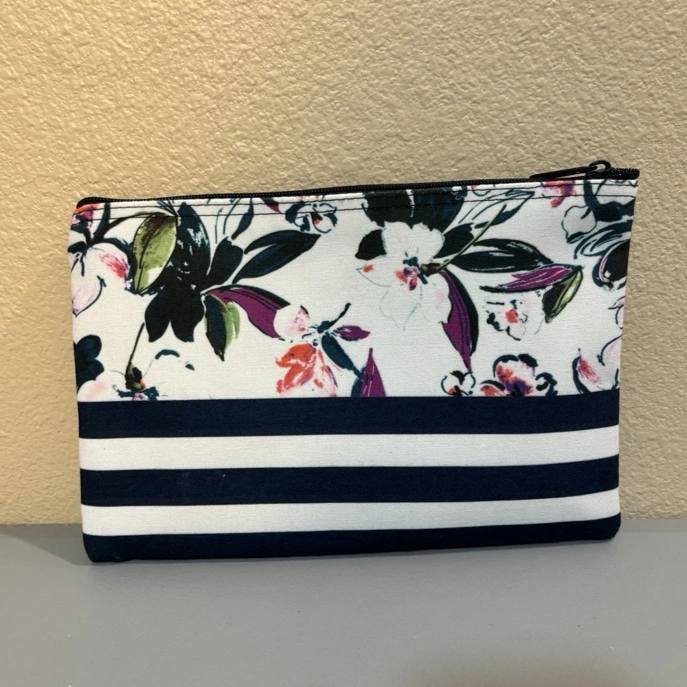 Avon True Color Cosmetic Makeup Bag Floral Stripe Zip Roomy Clean Travel Bag